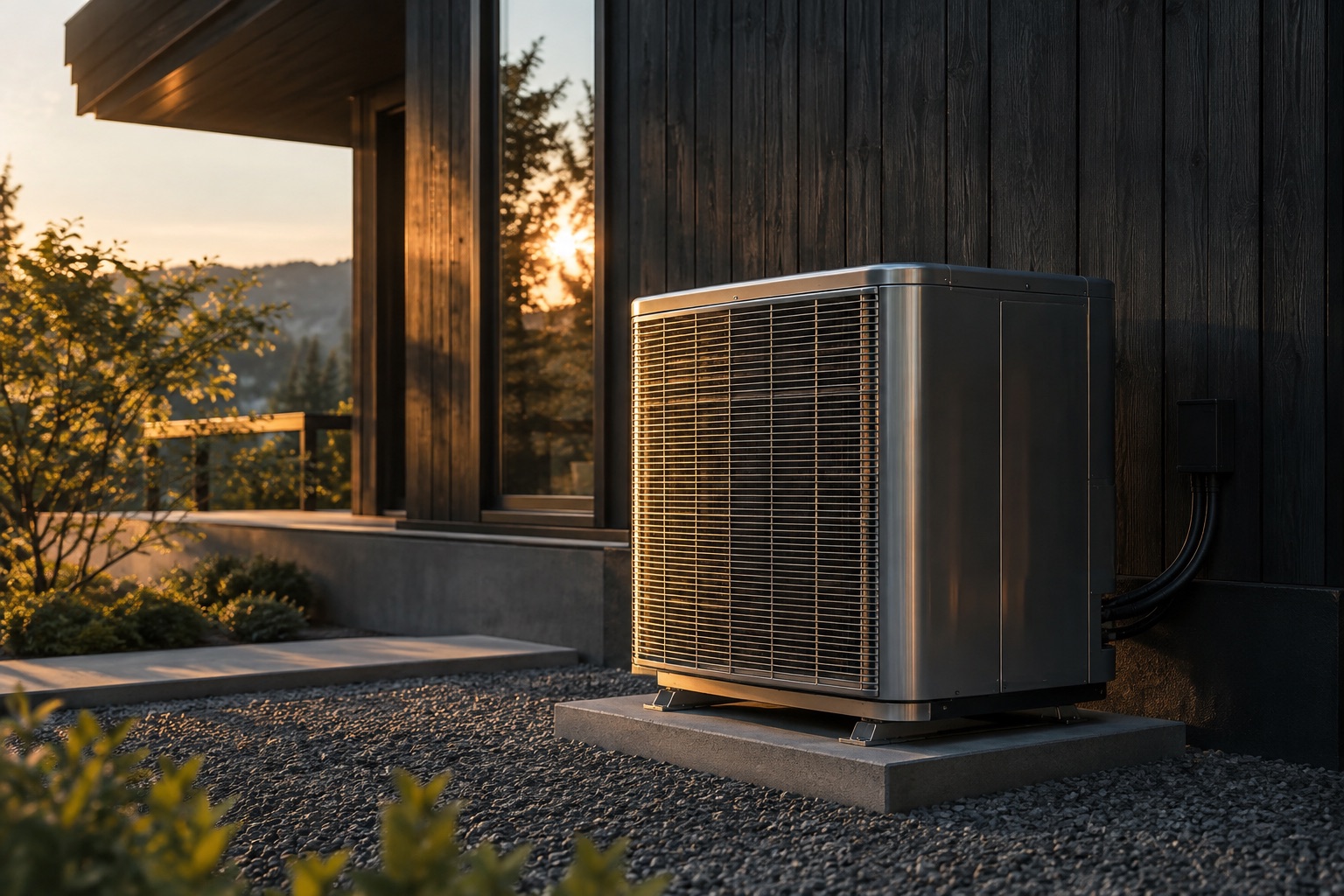 Residential air conditioning unit beside a modern timber home in warm evening light